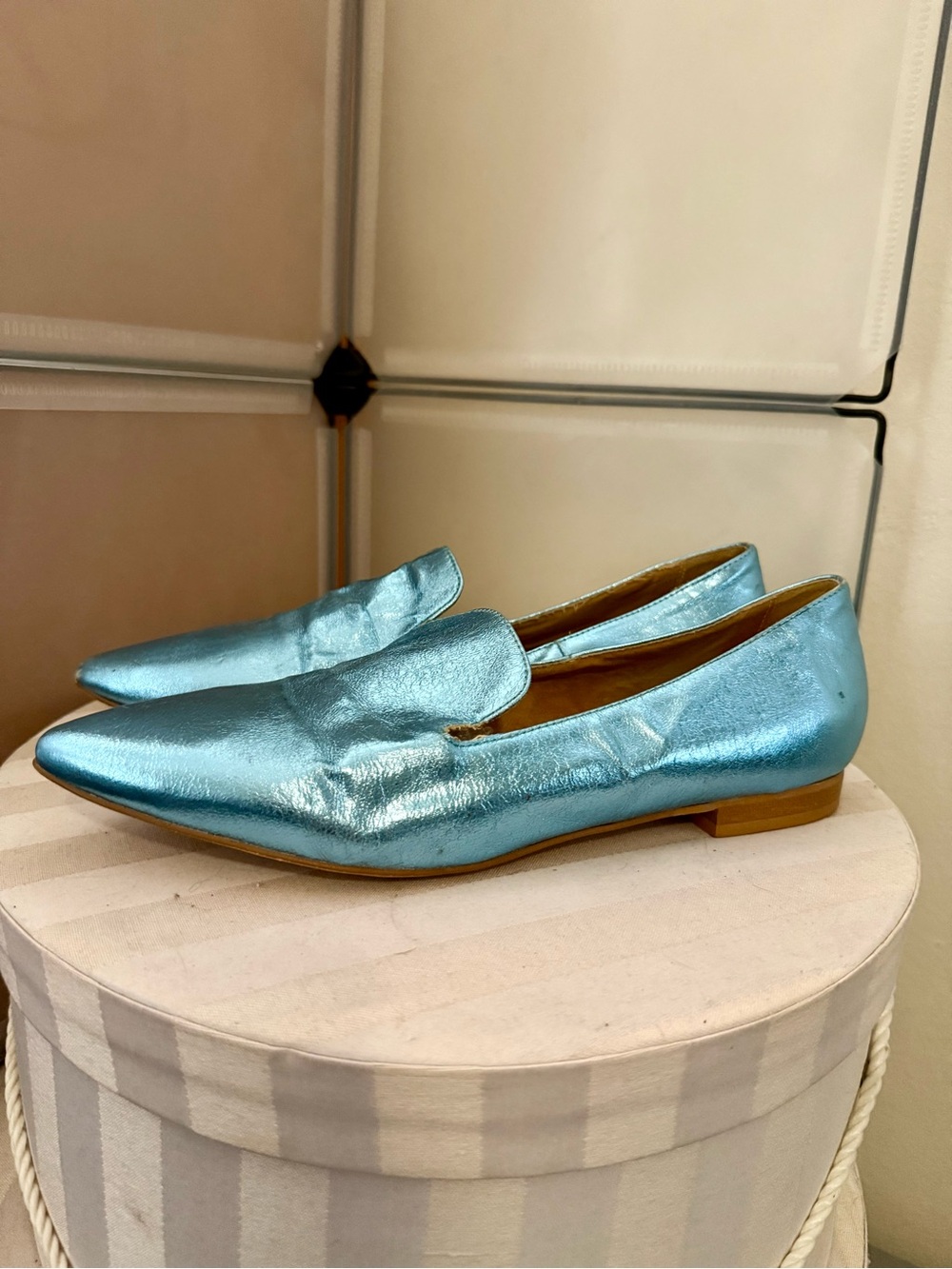 George J. Love Size 40 Metallic Leather Pointed Toe Loafers Flats Made in Italy